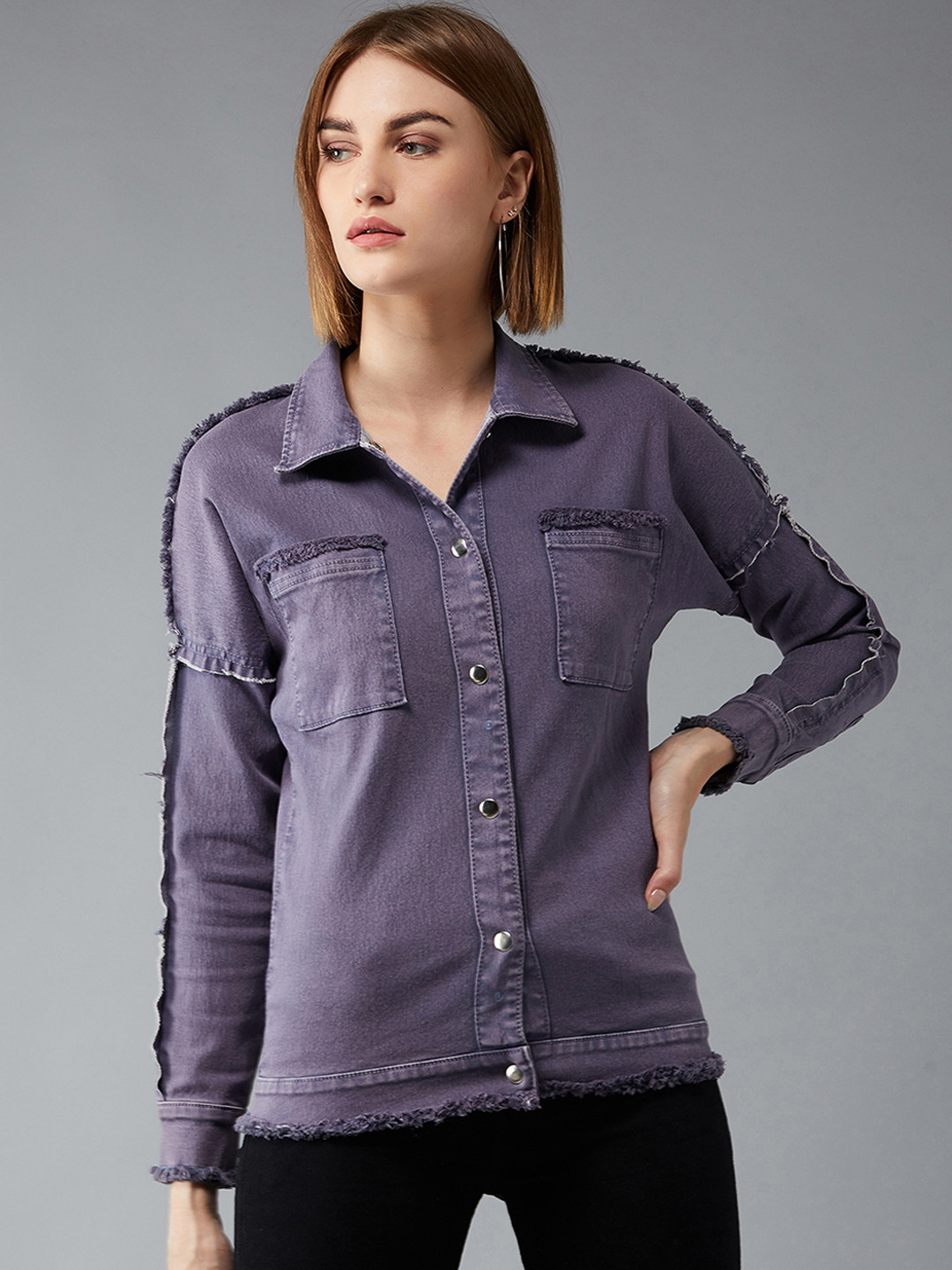 DOLCE CRUDO Women Purple Solid Denim Jacket