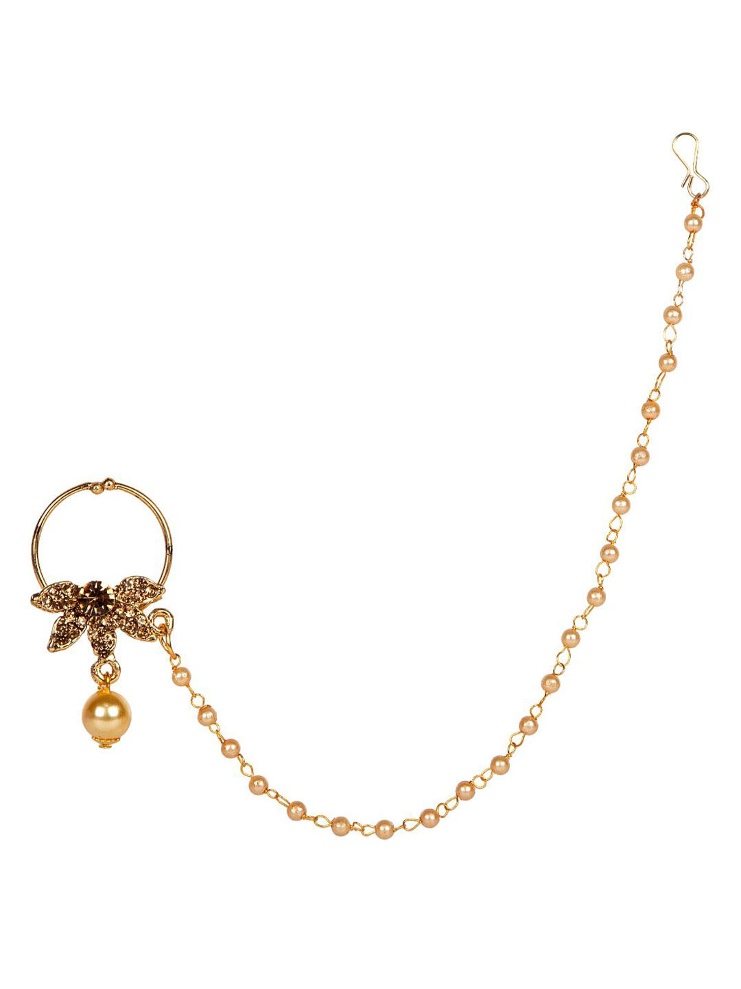 ANIKAS CREATION Gold-Plated Beaded & Stone-Studded Chained Nose Ring