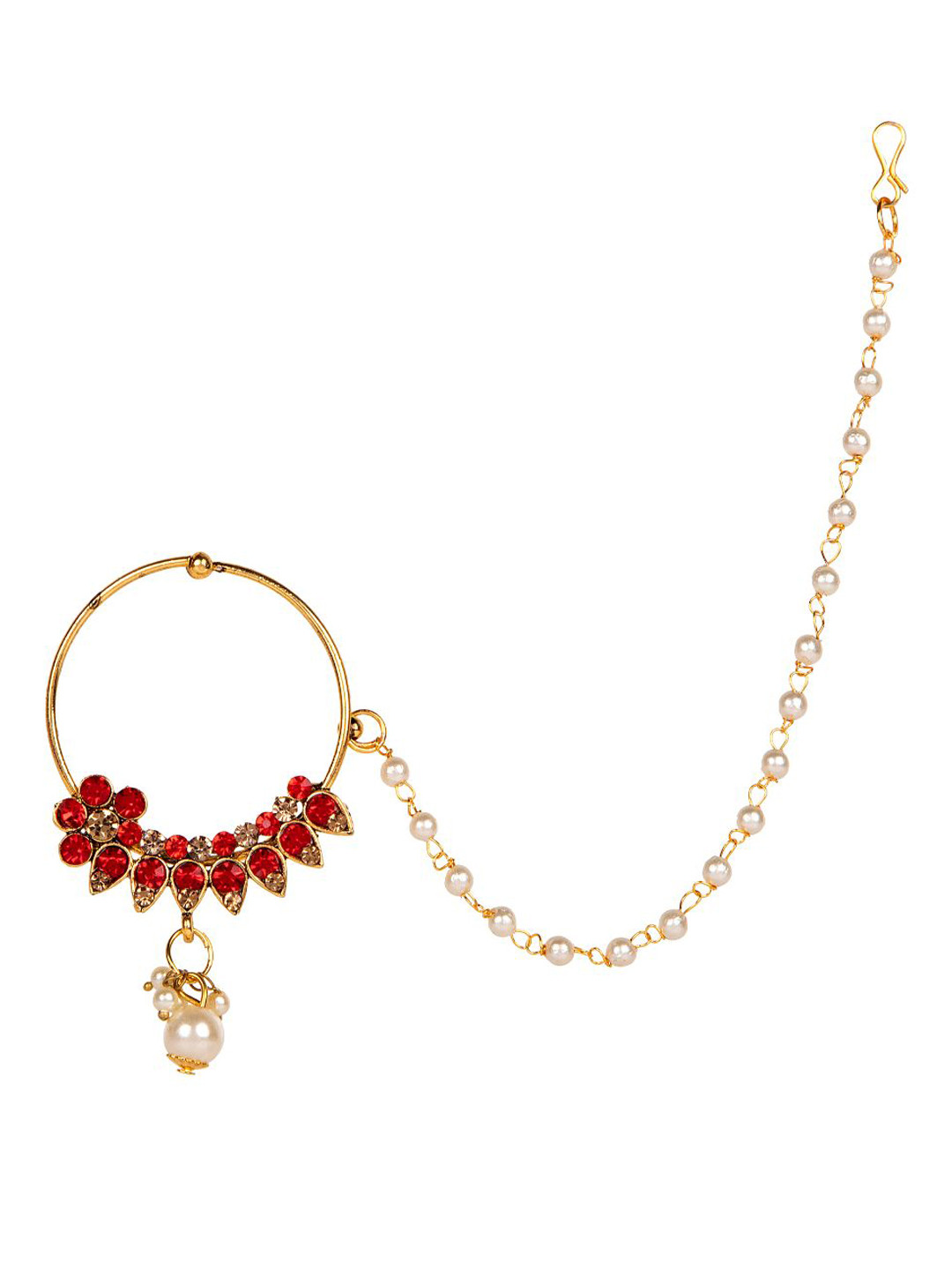 ANIKAS CREATION Gold-Plated & Off-White Beaded & Stone-Studded Chained Nose Ring