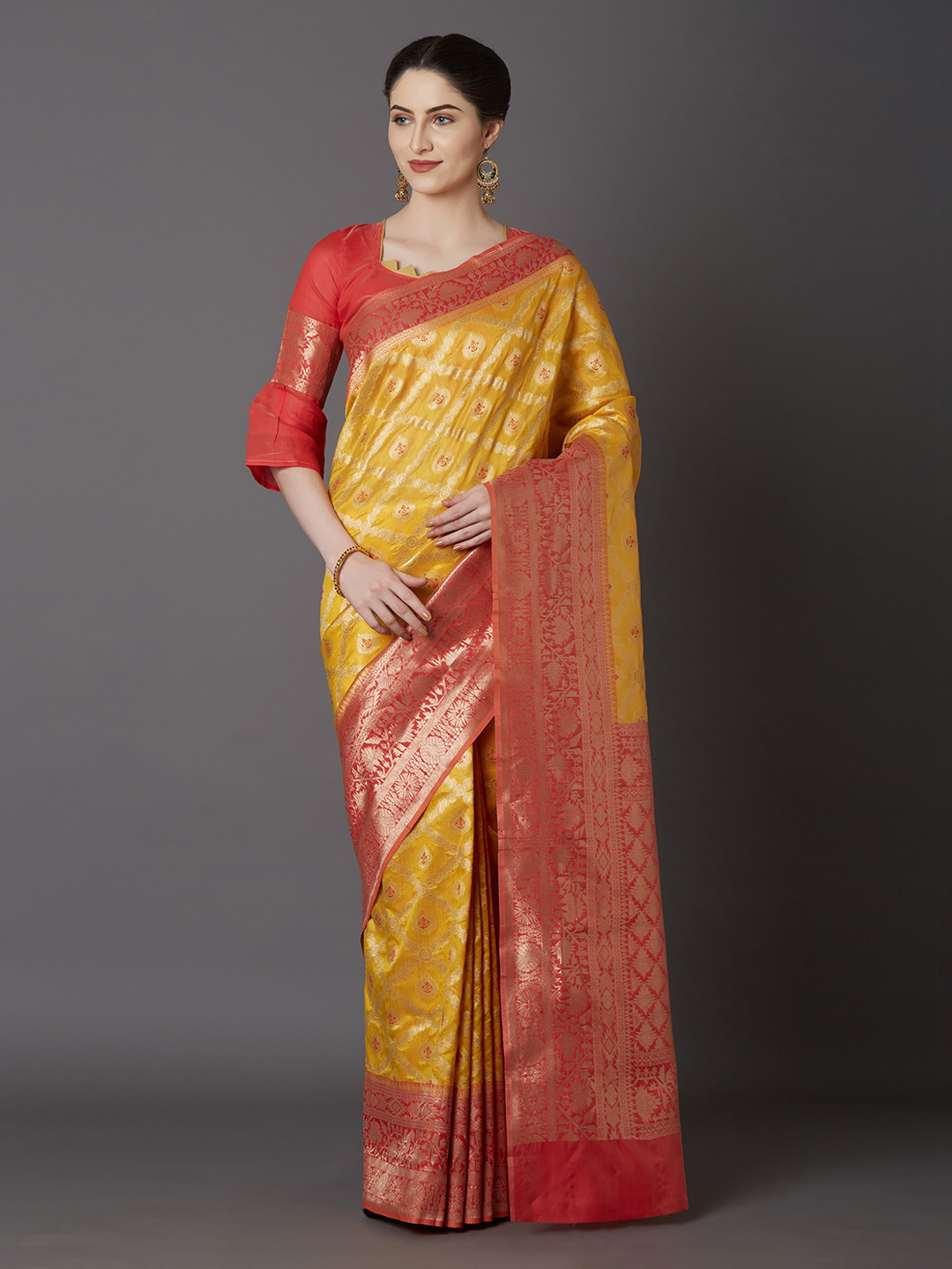 Mitera Yellow & Red Silk Blend Woven Design Kanjeevaram Saree