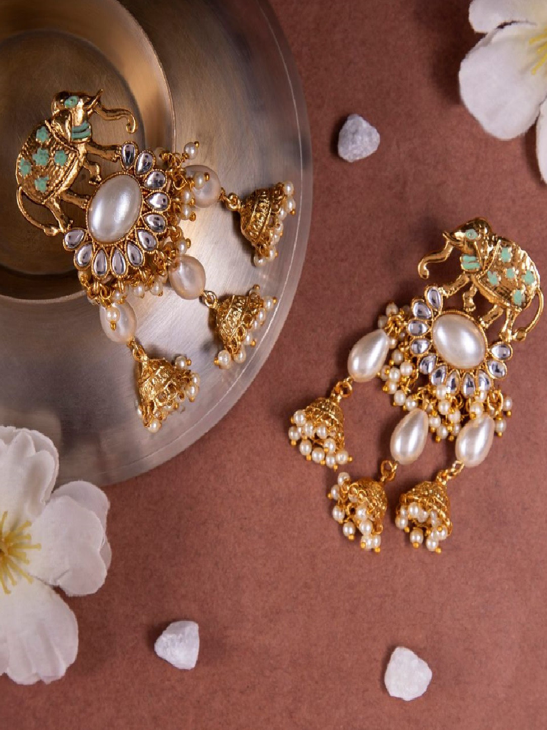 ANIKAS CREATION Gold-Plated & White Elephant Shaped Drop Earrings