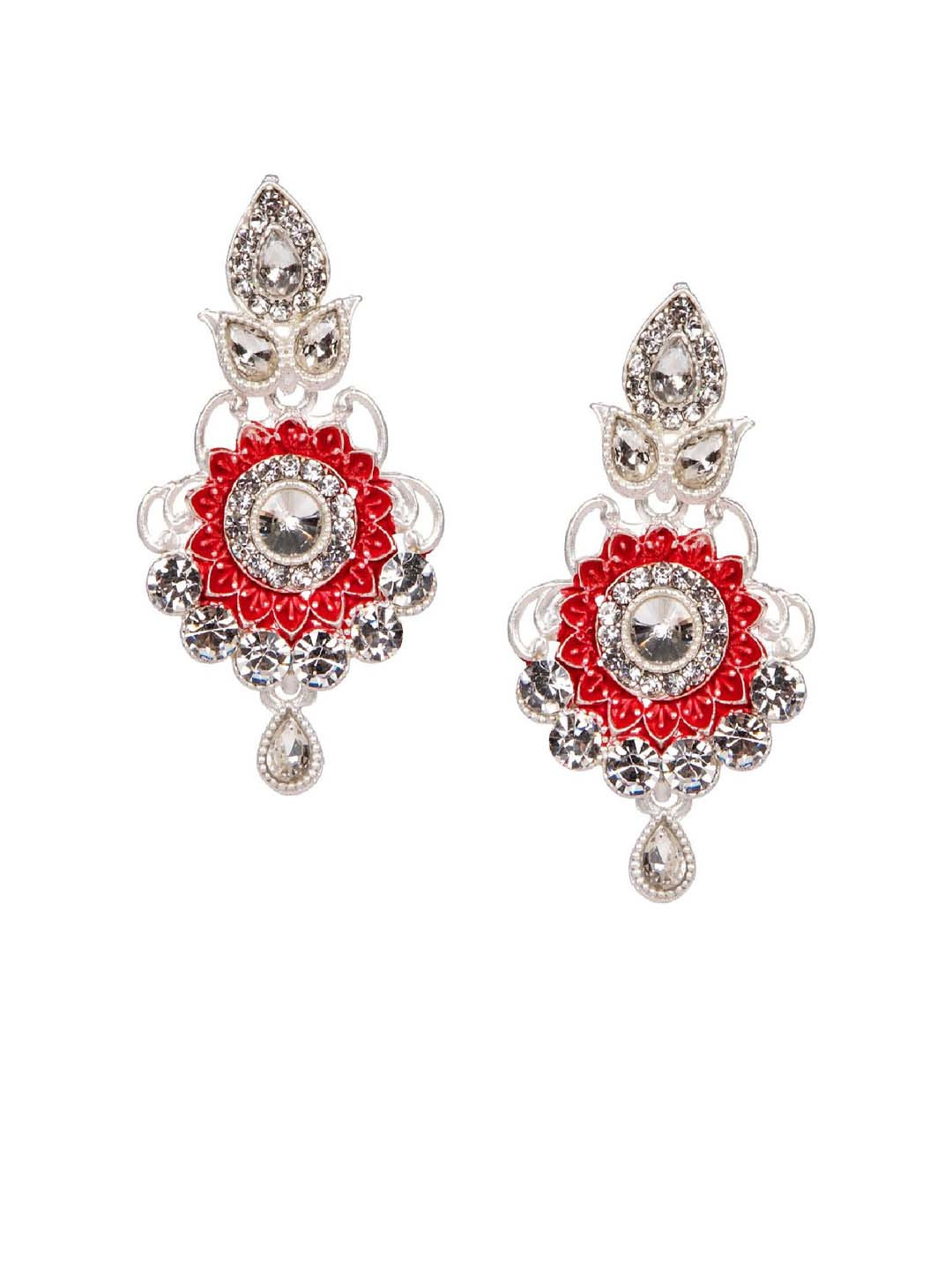 ANIKAS CREATION Silver-Plated & Red Floral Enamelled Drop Earrings