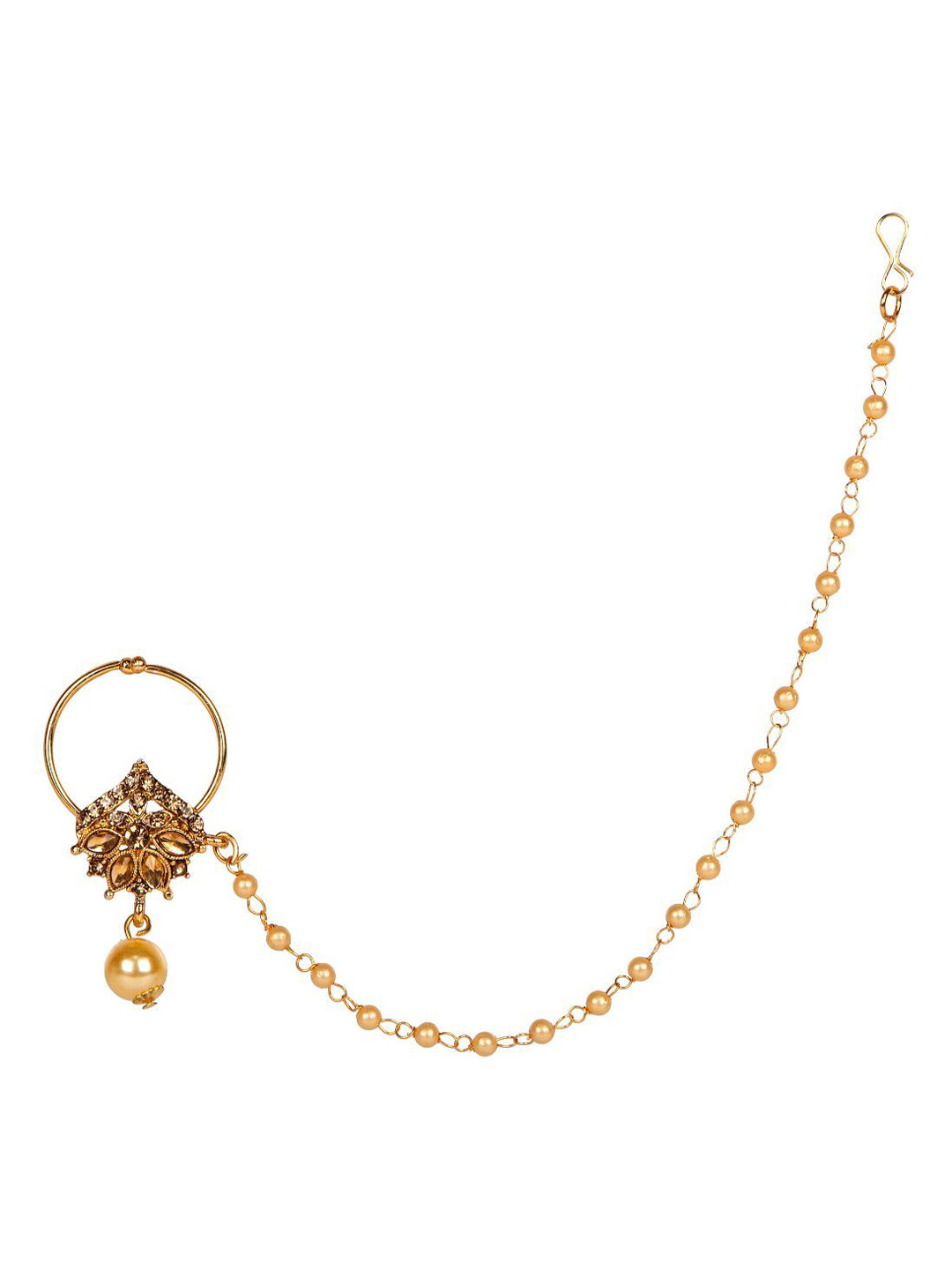 ANIKAS CREATION Gold-Plated Beaded & Stone-Studded Chained Nose Ring