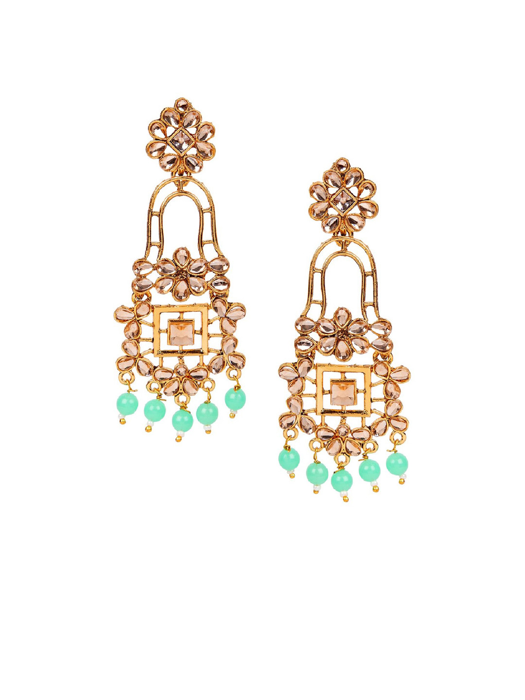 ANIKAS CREATION Gold-Plated & Sea Green Leaf Shaped Drop Earrings