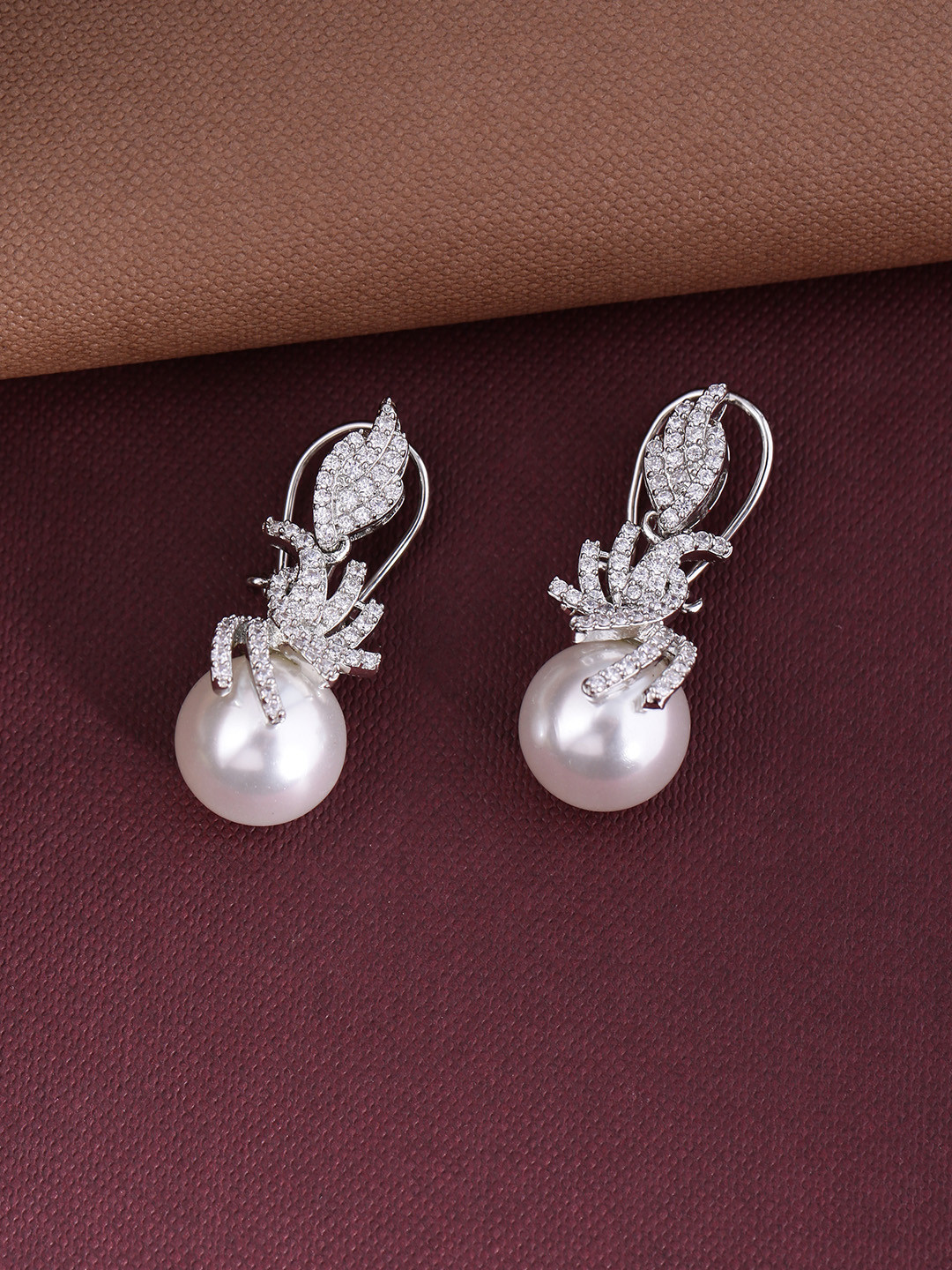 Shoshaa Silver-Plated CZ Stone-Studded Contemporary Drop Earrings