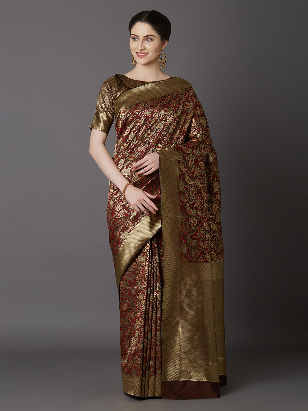 Mitera Copper-Coloured Silk Blend Woven Design Kanjeevaram Saree