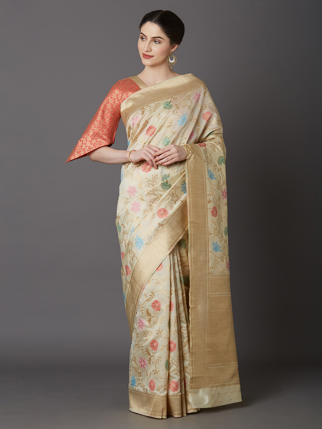 Mitera Beige Silk Blend Woven Design Kanjeevaram Saree