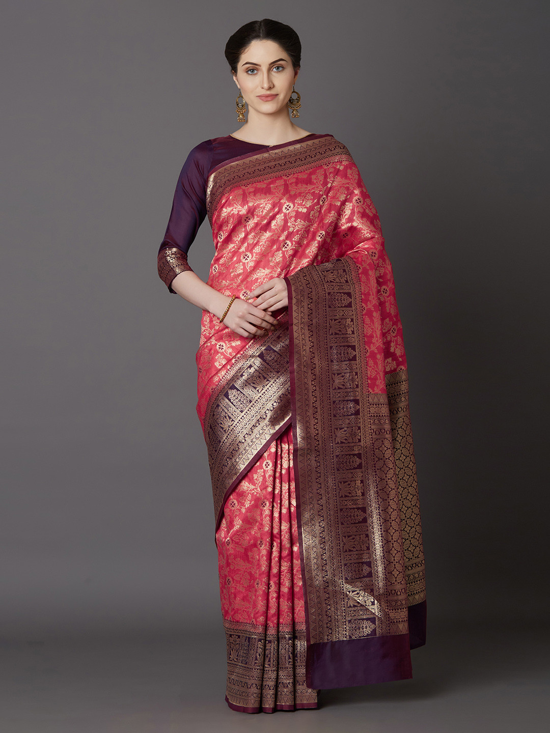 Mitera Pink Silk Blend Woven Design Kanjeevaram Saree