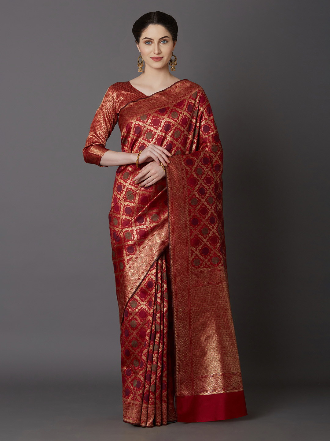 Mitera Maroon Silk Blend Woven Design Kanjeevaram Saree