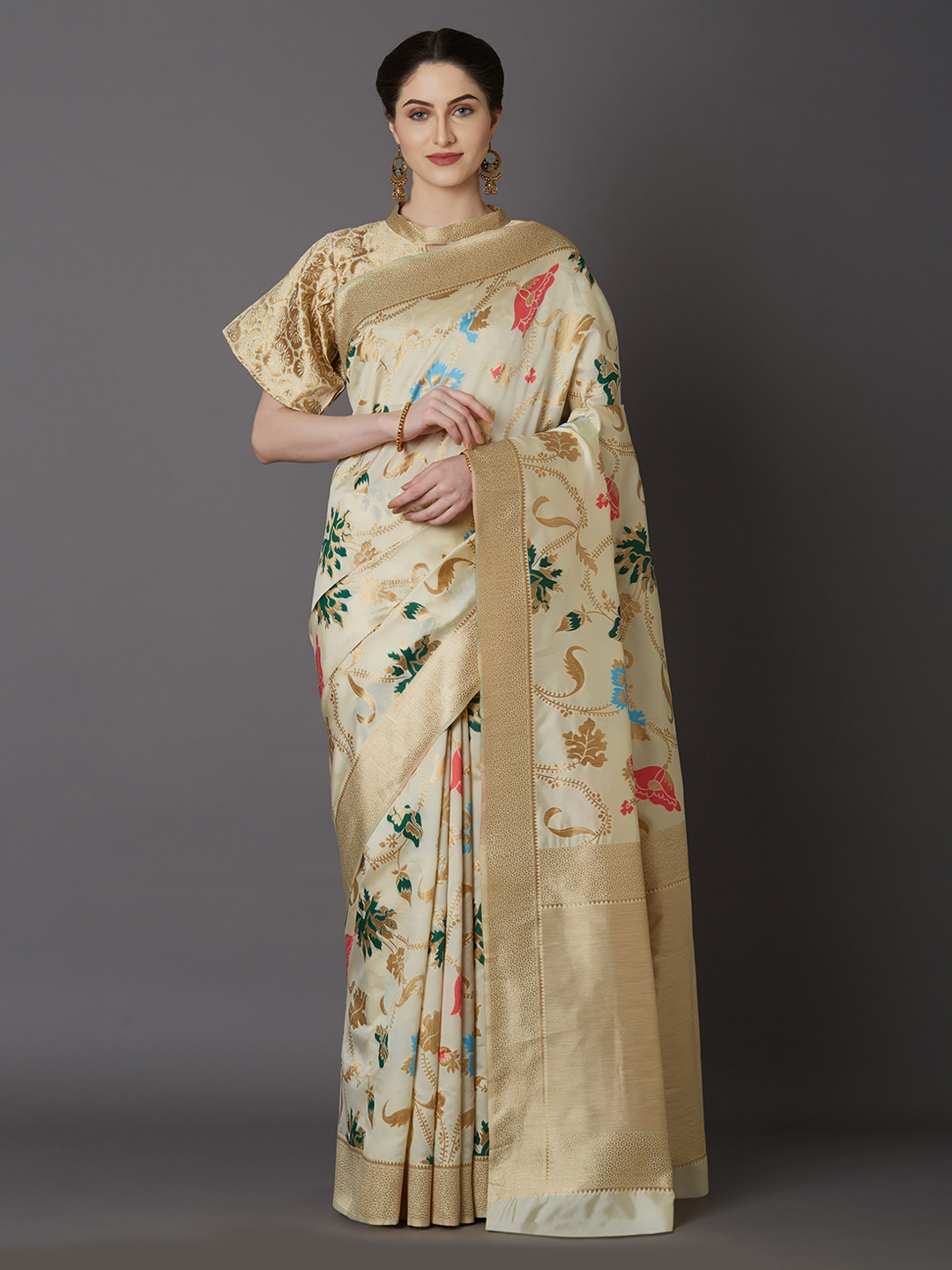 Mitera Cream-Coloured & Gold-Toned Silk Blend Printed Kanjeevaram Saree