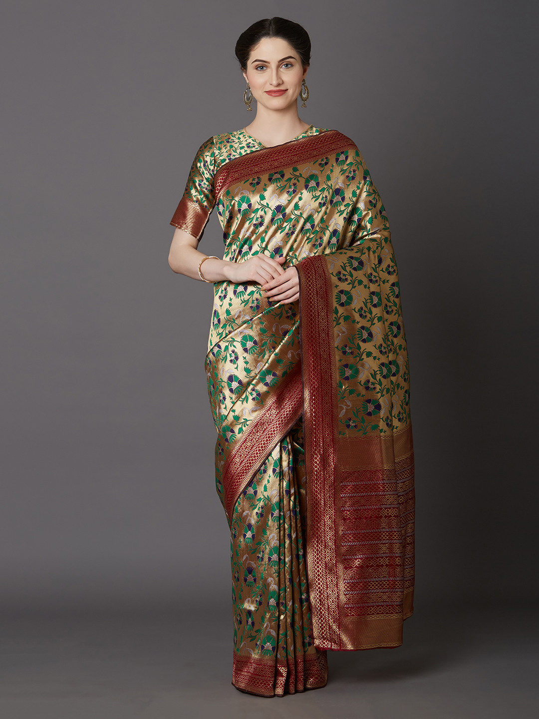 Mitera Gold-Coloured & Green Silk Blend Woven Design Kanjeevaram Saree