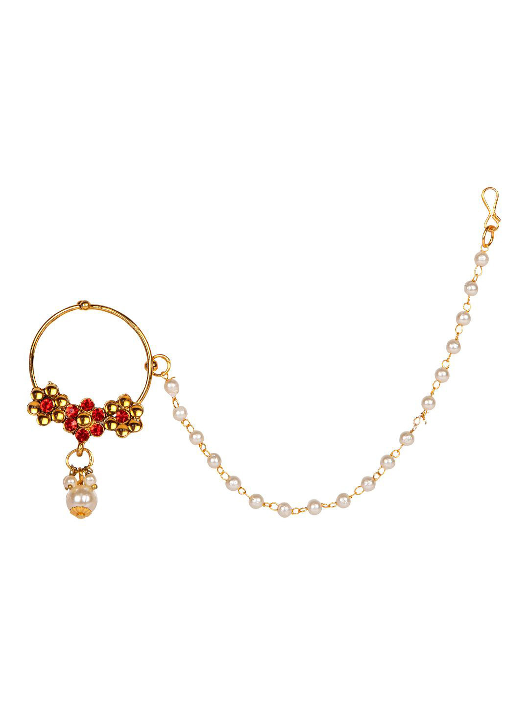 ANIKAS CREATION Gold-Plated & Off-White Beaded & Stone-Studded Chained Nose Ring