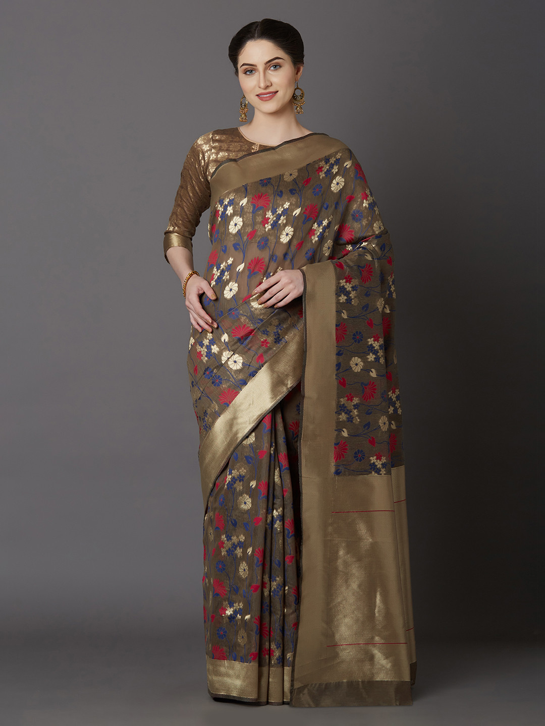 Mitera Olive Green Silk Blend Woven Design Kanjeevaram Saree