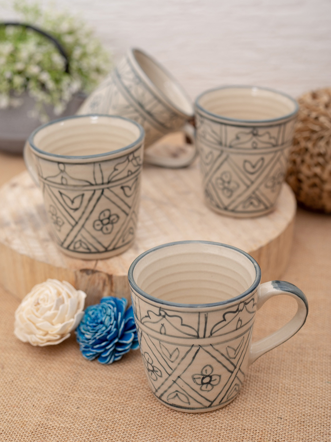 GOODHOMES Beige 4-Pieces Printed Stoneware Cups Set