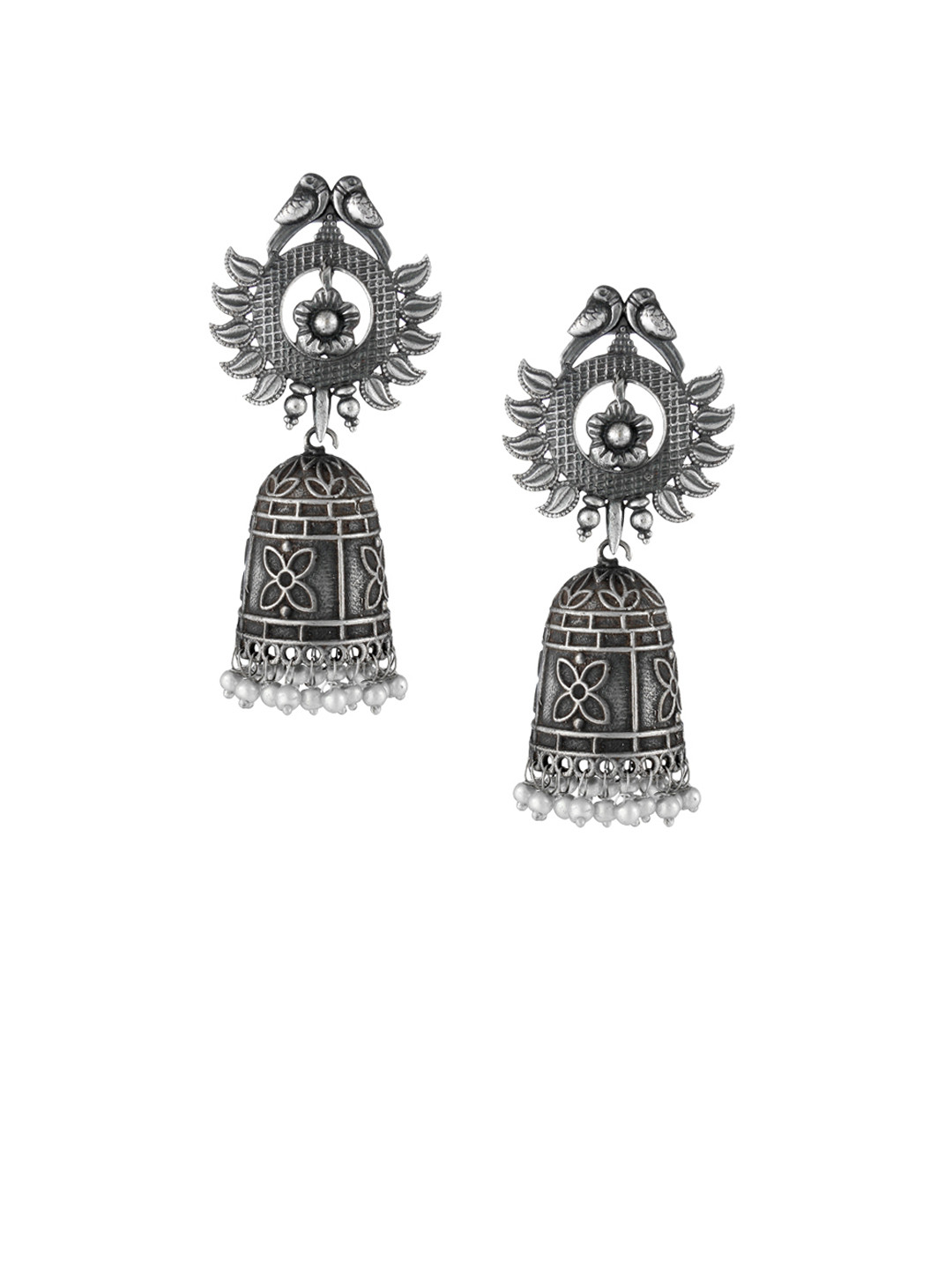 Adwitiya Collection Silver-Plated Oxidised Dome Shaped Jhumkas