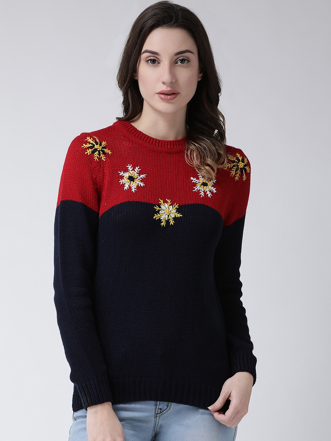 Club York Women Navy Blue & Red Colourblocked Pullover Sweater