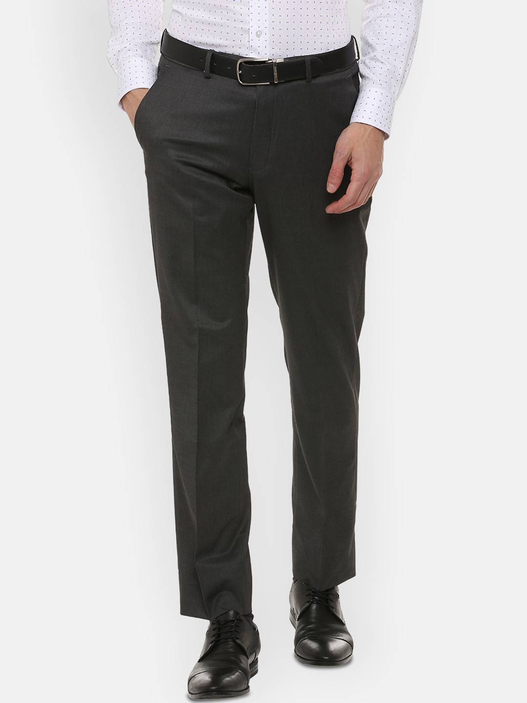 Louis Philippe Permapress Men Grey Regular Fit Solid Formal Trousers