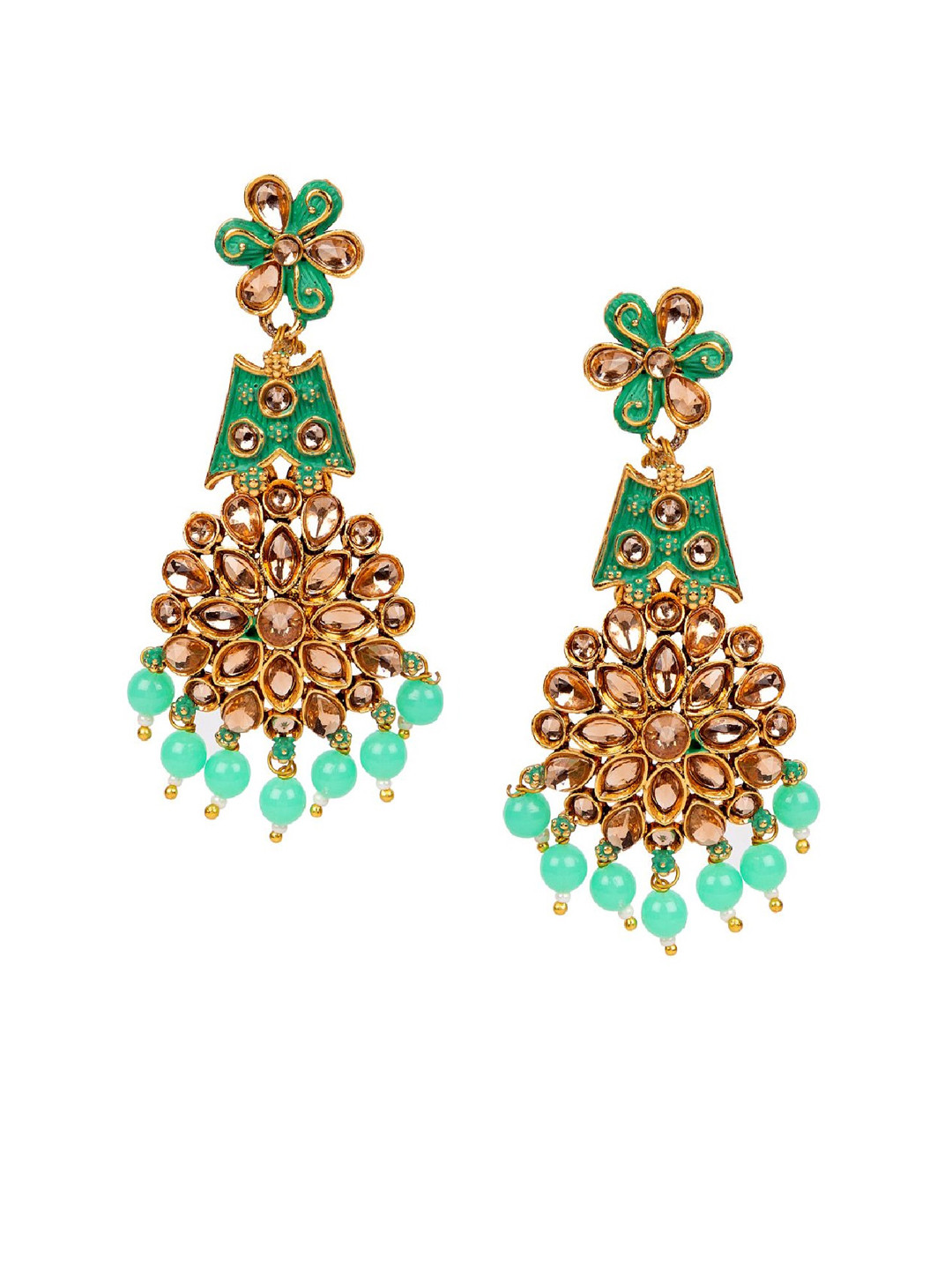 ANIKAS CREATION Green & Gold-Plated Enamelled Classic Drop Earrings