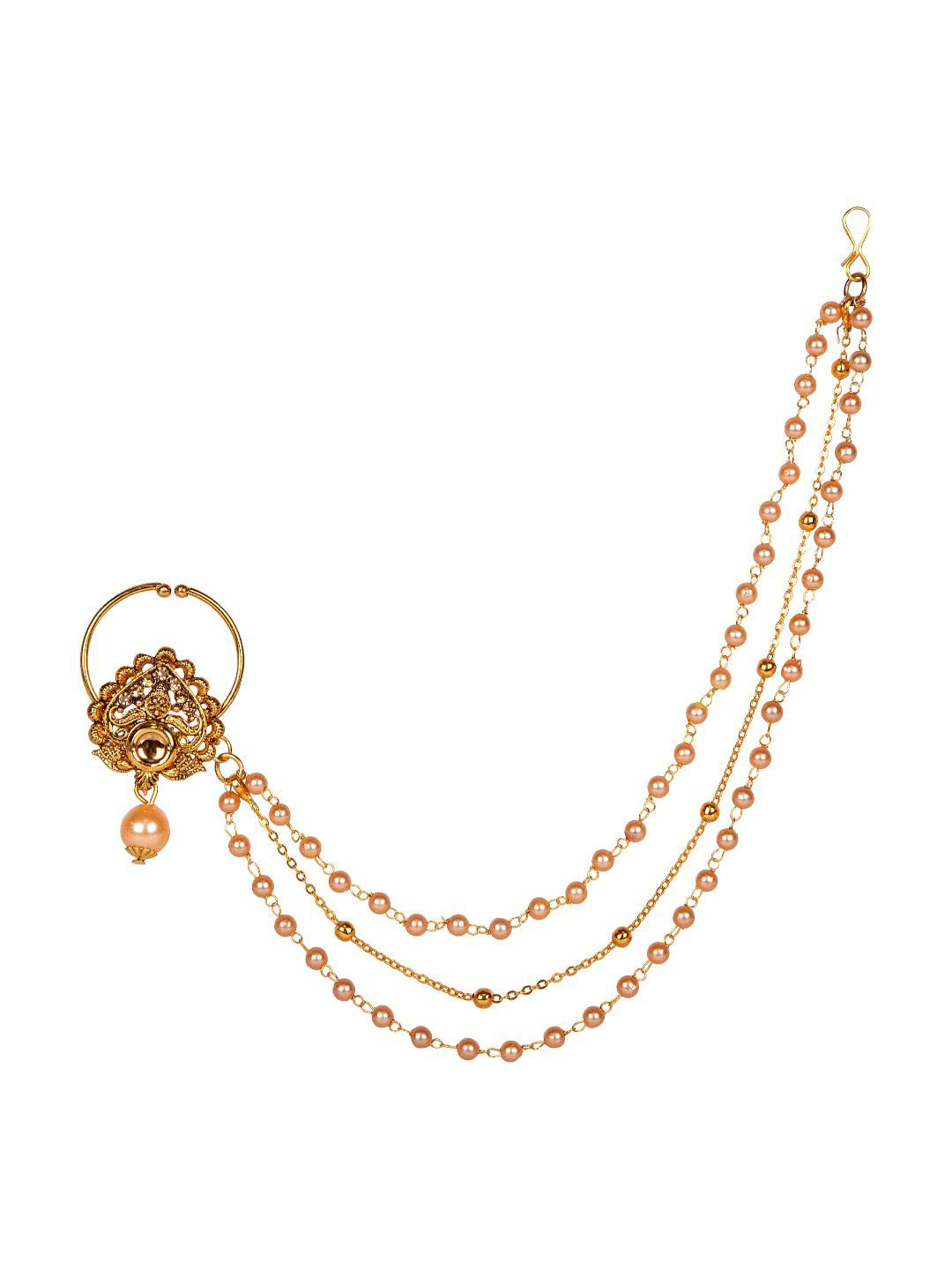 ANIKAS CREATION Gold-Plated Beaded & Stone-Studded Chained Vilandi Nose Ring