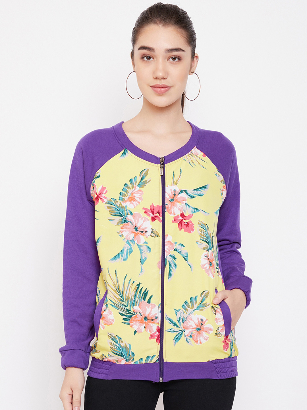 PURYS Women Purple Printed Bomber Jacket