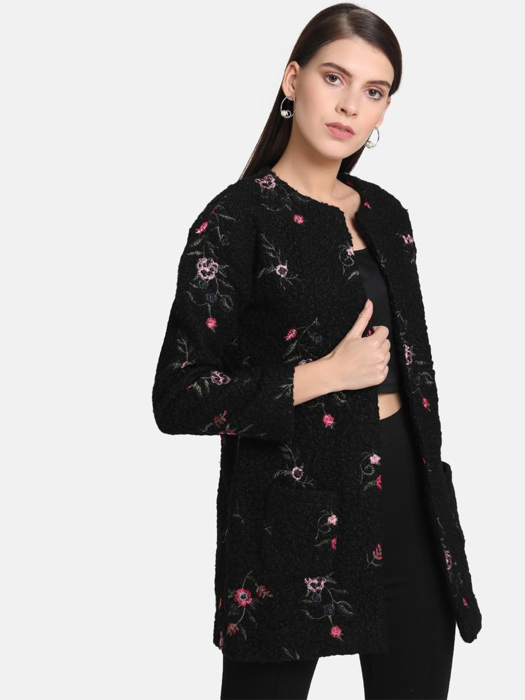 Kazo Women Black Embroidered Overcoat