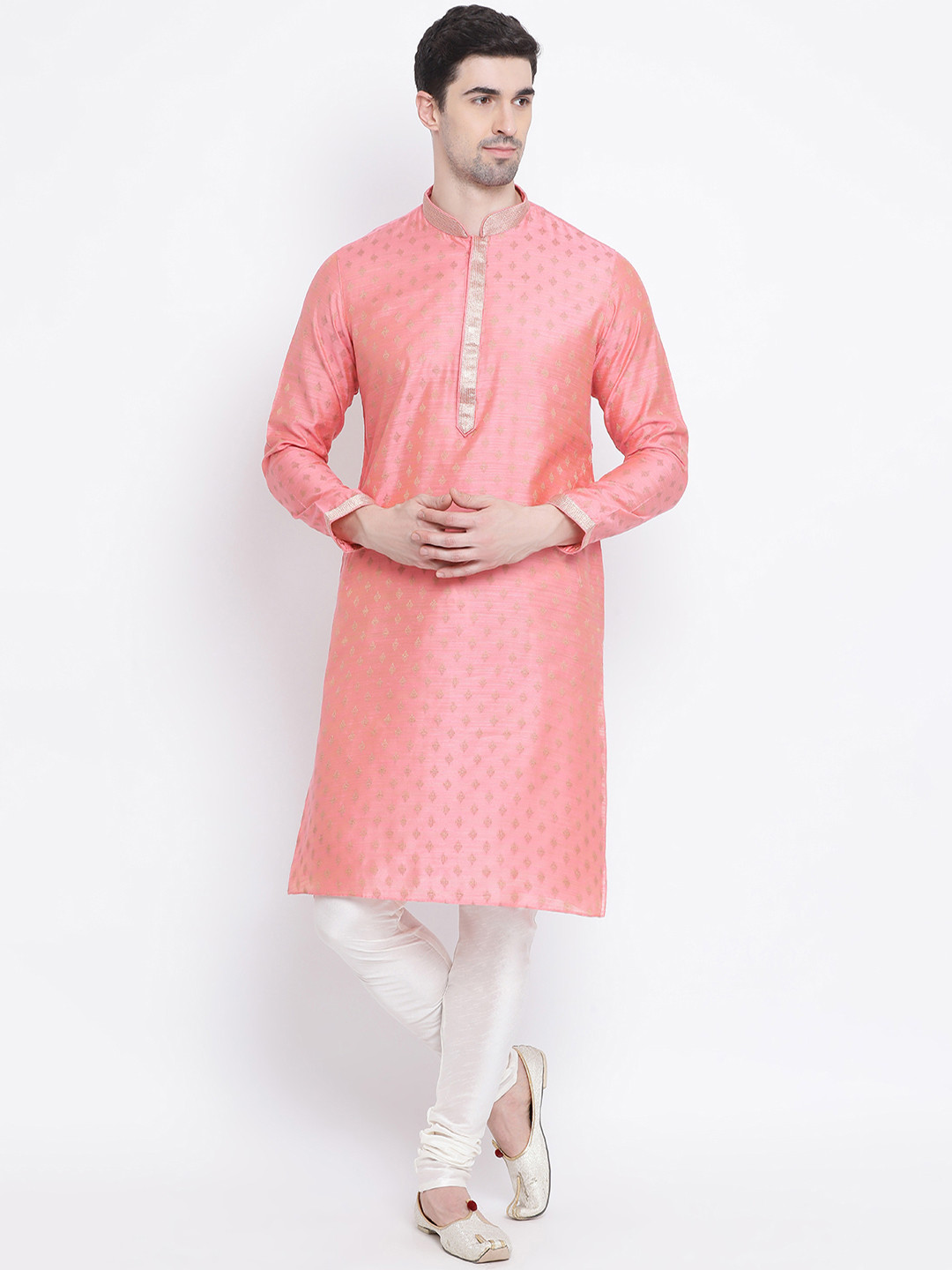 Sanwara  Men Pink & White Woven Design Pure Silk Kurta with Churidar