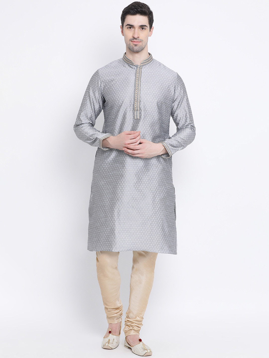 Here&Now X Sanwara  Men Silver-Coloured & Beige Self Design Silk Kurta with Churidar