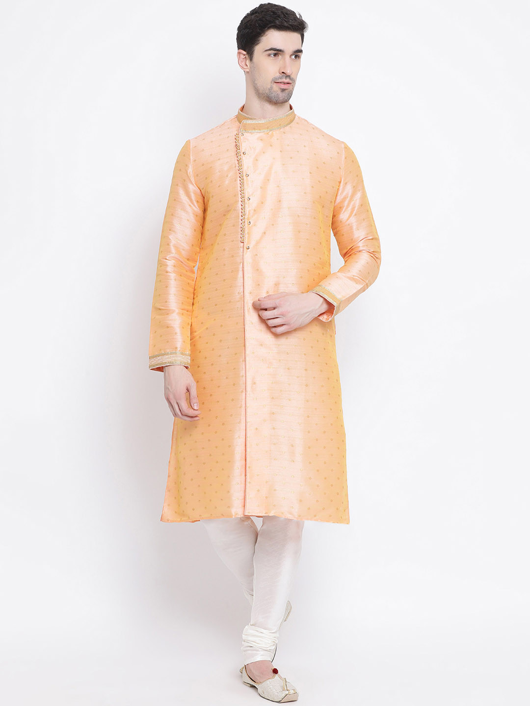 Here&Now X Sanwara  Men Peach-Coloured & Peach-Coloured Woven Design Straight Kurta