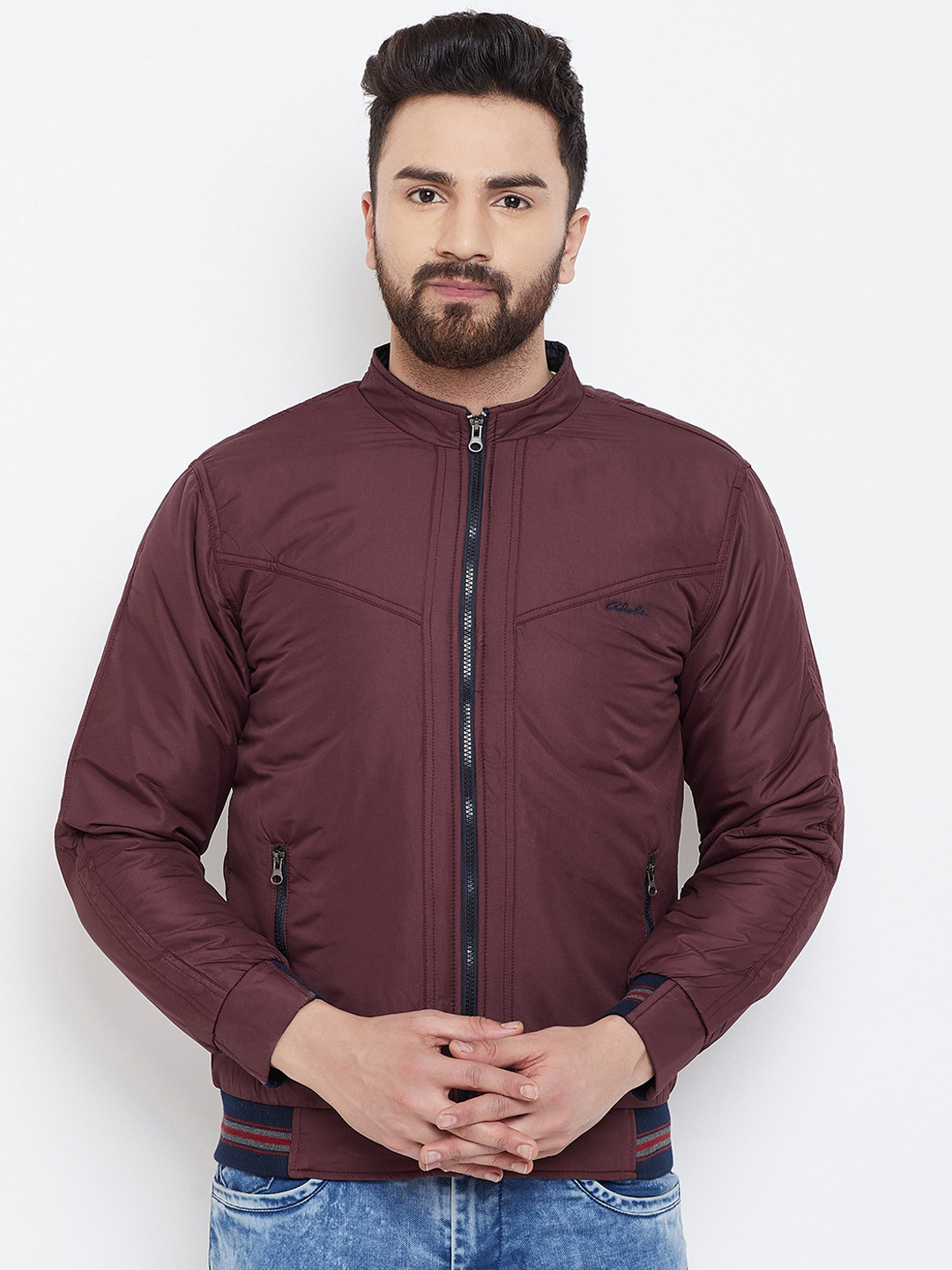 Adobe Men Maroon Striped Padded Jacket
