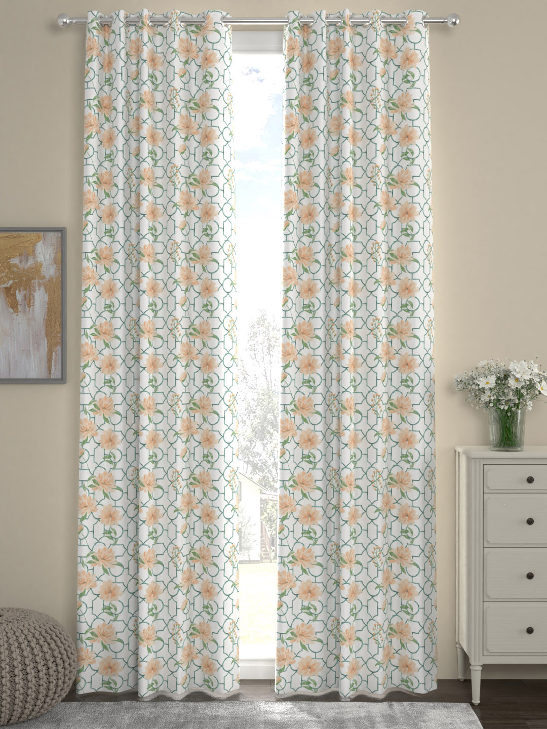 ROSARA HOME White & Orange Set of 2 Long Door Curtains