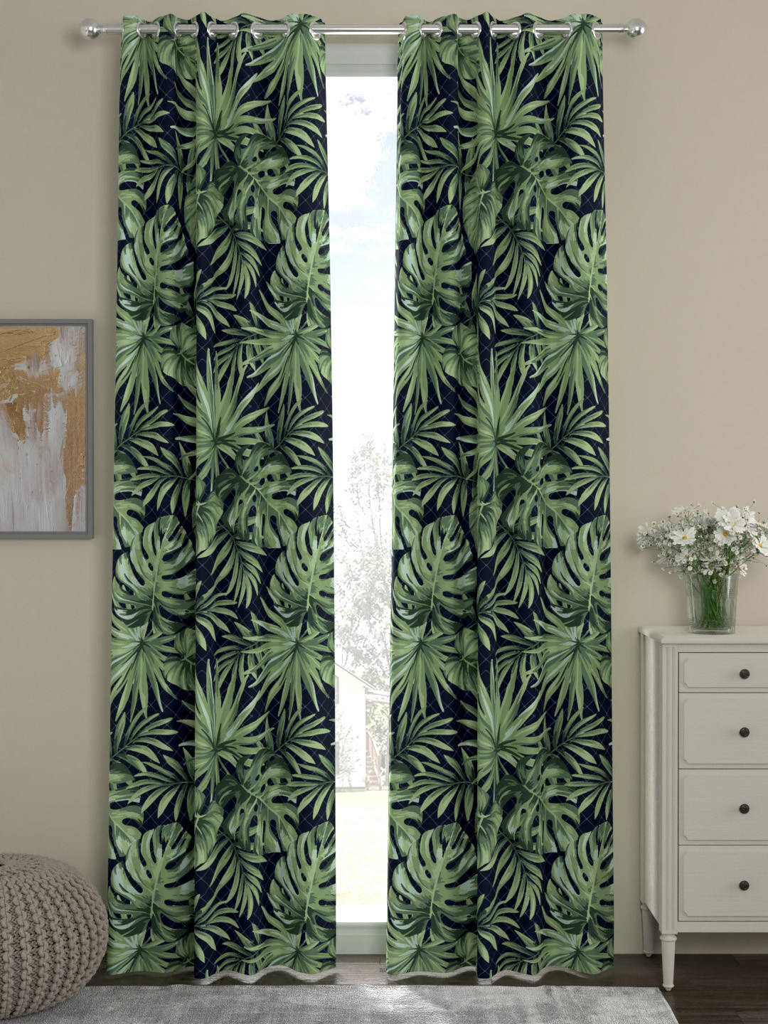 ROSARA HOME Green & Navy Blue Tropical Print Set of 2 Door Curtains