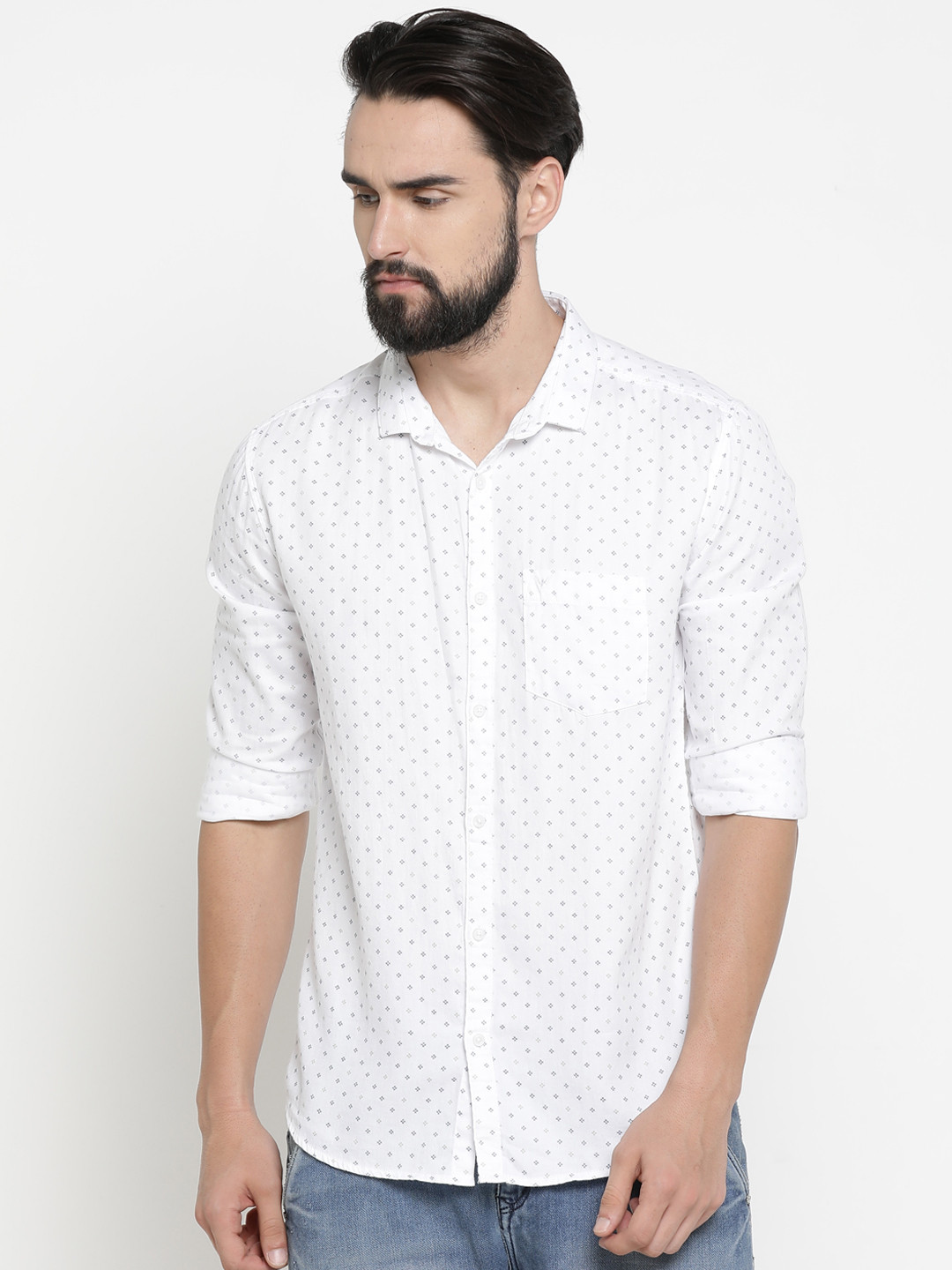 SHOWOFF Men White & Grey Printed Slim Fit Casual Shirt