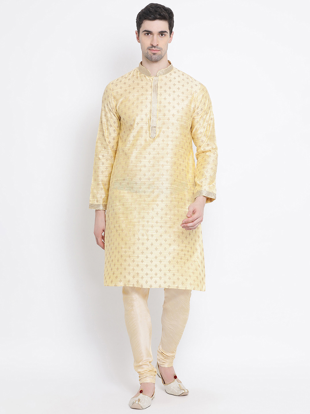 Here&Now X Sanwara  Men Yellow Woven Design Silk Straight Kurta