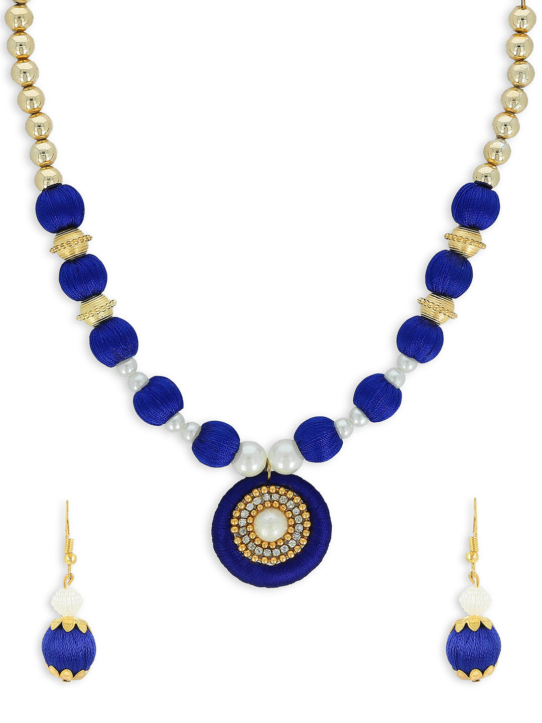 AKSHARA Girls Blue & Gold-Toned Stone-Studded Handcrafted Beaded Jewellery Set