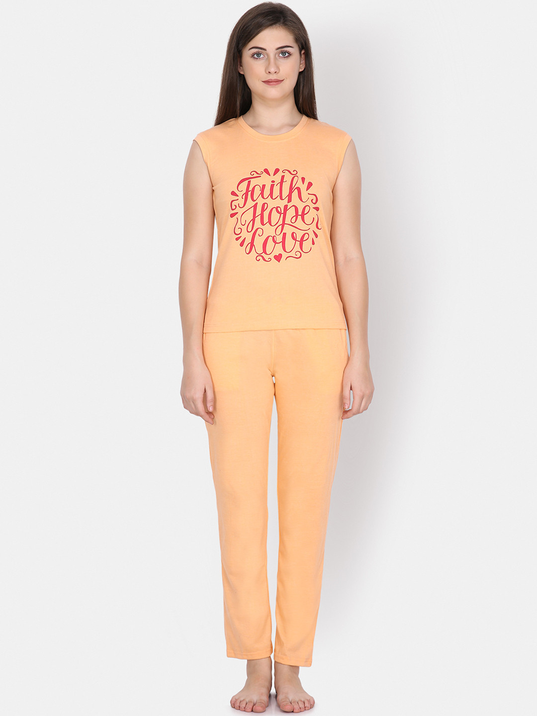 Klamotten Women Peach-Coloured & Red Printed Nightsuit