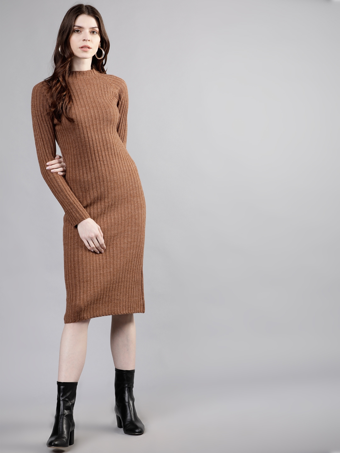 Tokyo Talkies Women Brown Self Design Sweater Dress