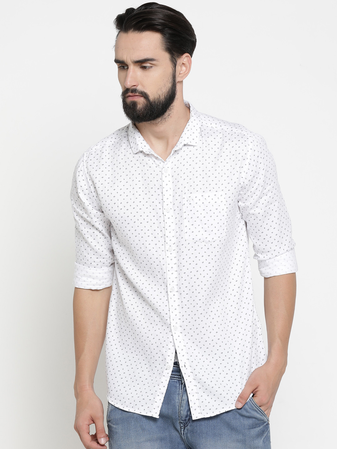 SHOWOFF Men White & Grey Printed Slim Fit Casual Shirt