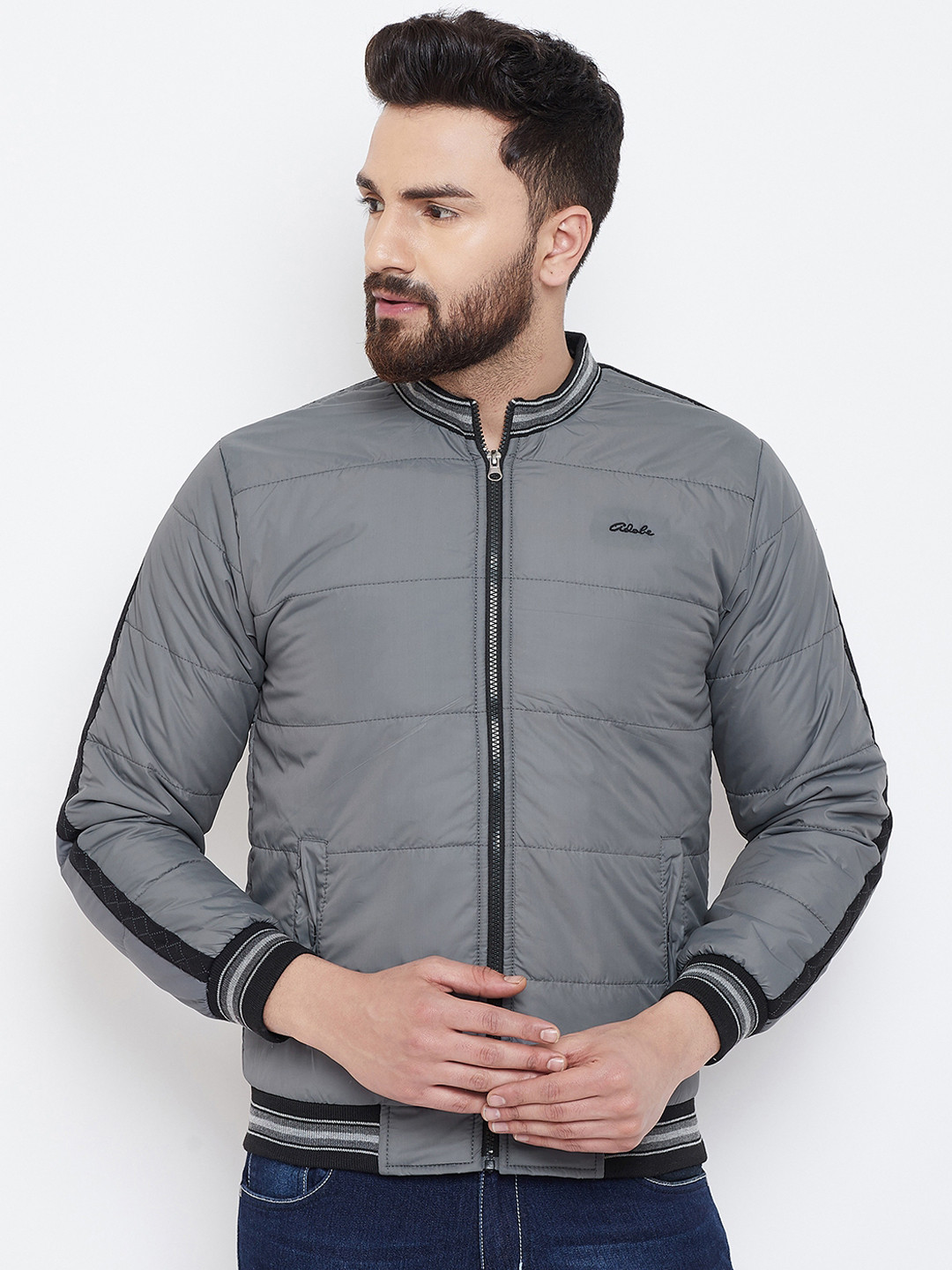 Adobe Men Grey Solid Padded Jacket