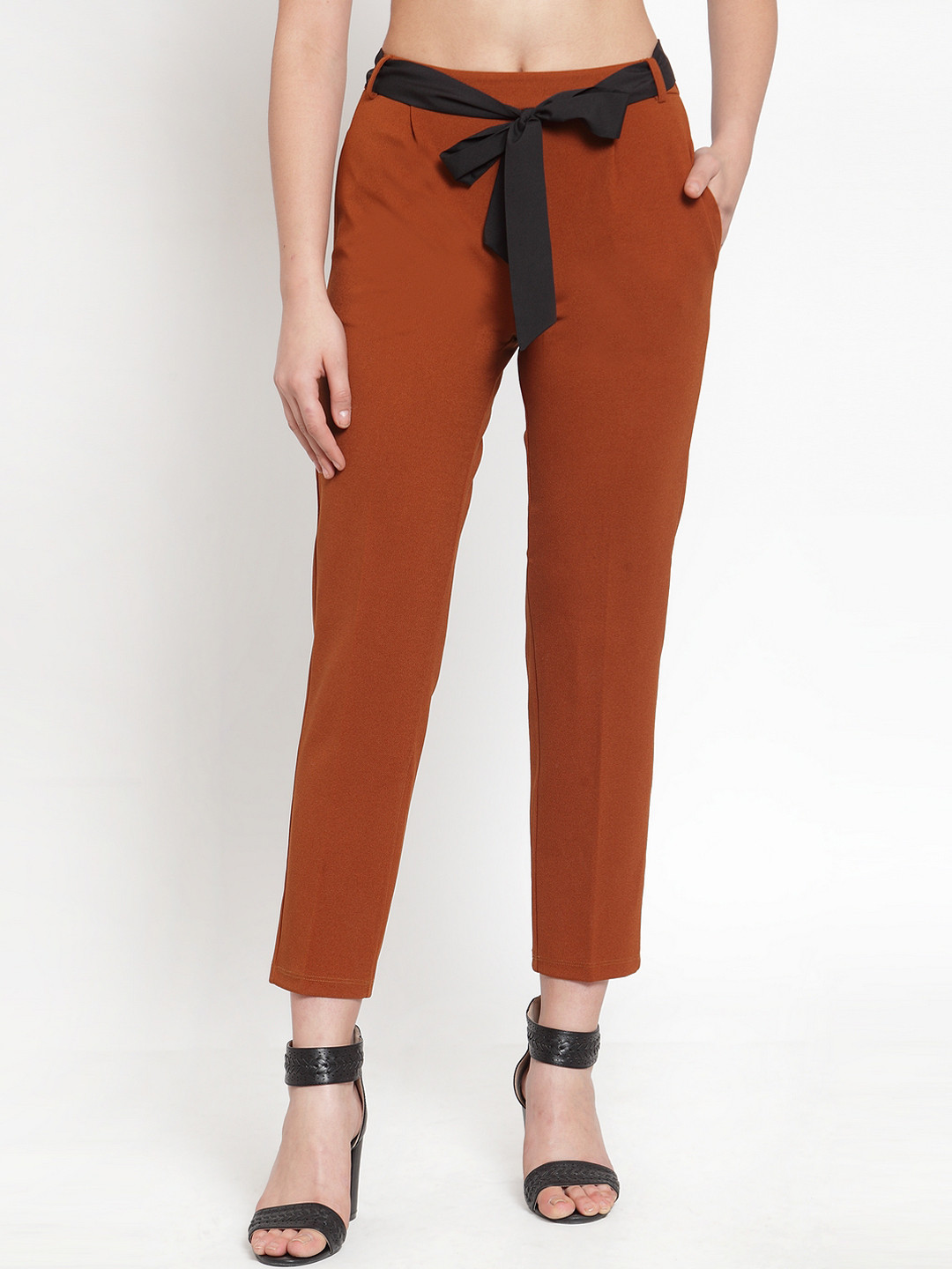 KASSUALLY Women Brown Slim Fit Solid Regular Trousers