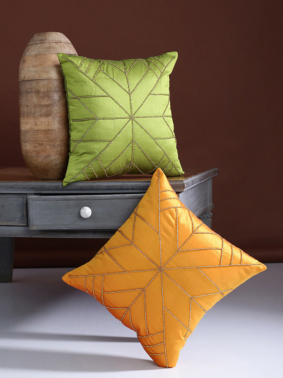 Alina decor Green Polyester Washable 2 Piece Embellished Square Cushion Covers -16x16In