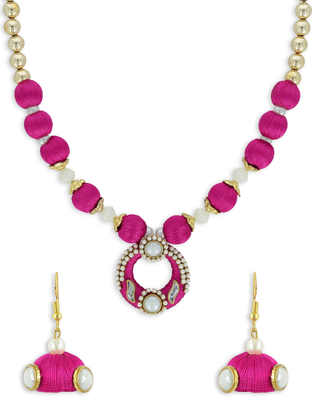 AKSHARA Girls Magenta & Gold-Toned Kundan Studded Handcrafted Beaded Jewellery Set