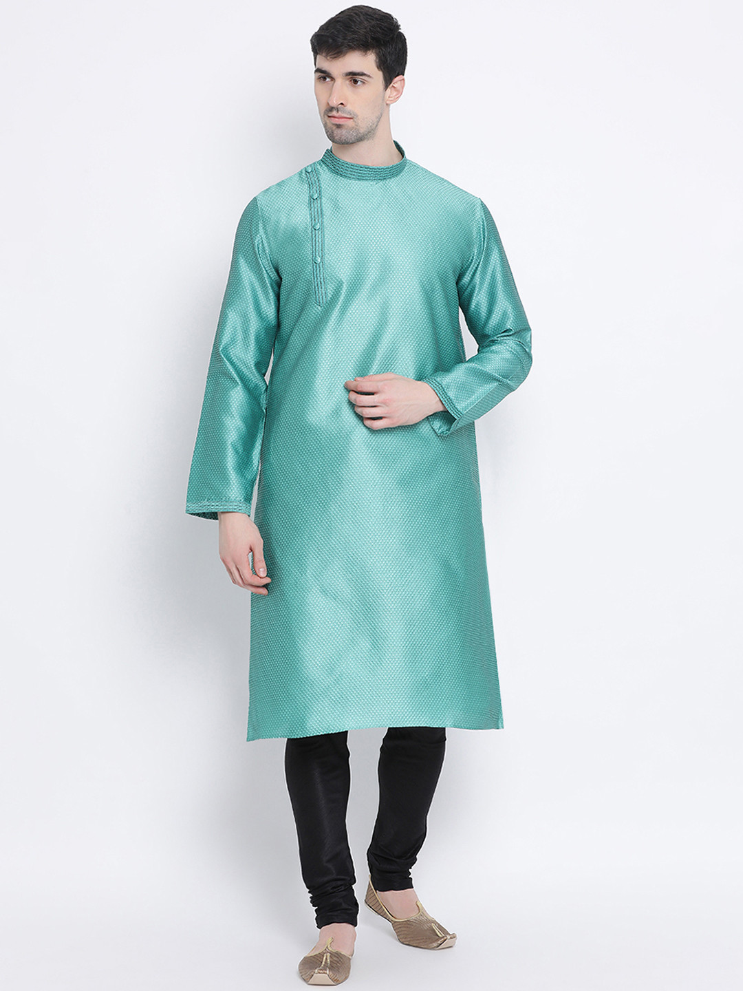 Here&Now X Sanwara  Men Sea Green Woven Design Silk Straight Kurta