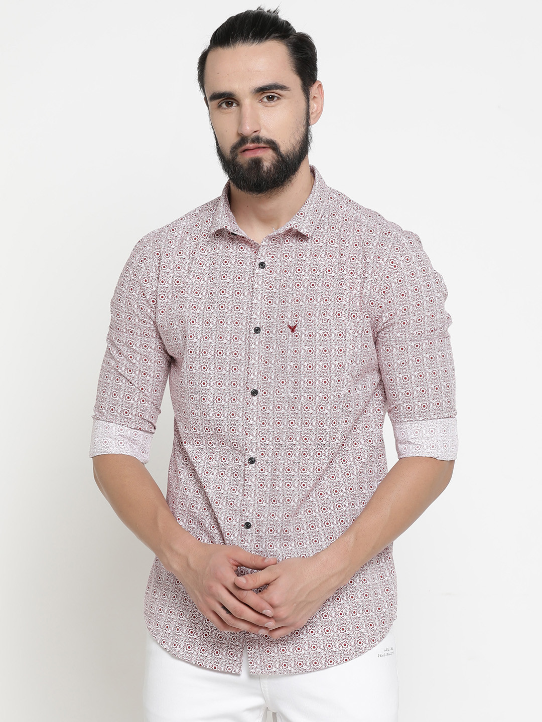 SHOWOFF Men Maroon & White Slim Fit Printed Casual Shirt