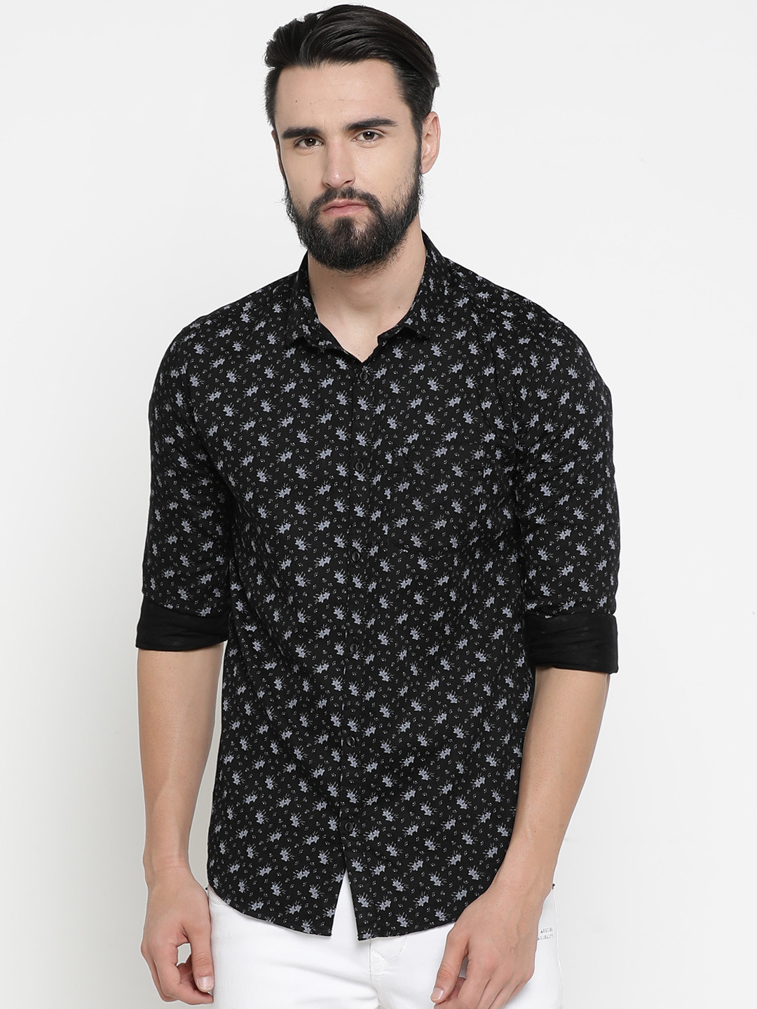 SHOWOFF Men Black & Grey Slim Fit Printed Casual Shirt