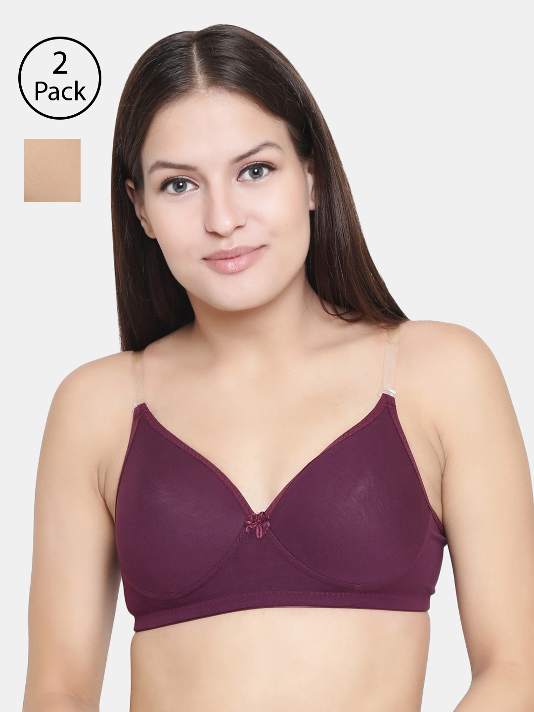 Floret Burgundy & Nude-Coloured Solid Non-Wired Lightly Padded T-shirt Bra F20560