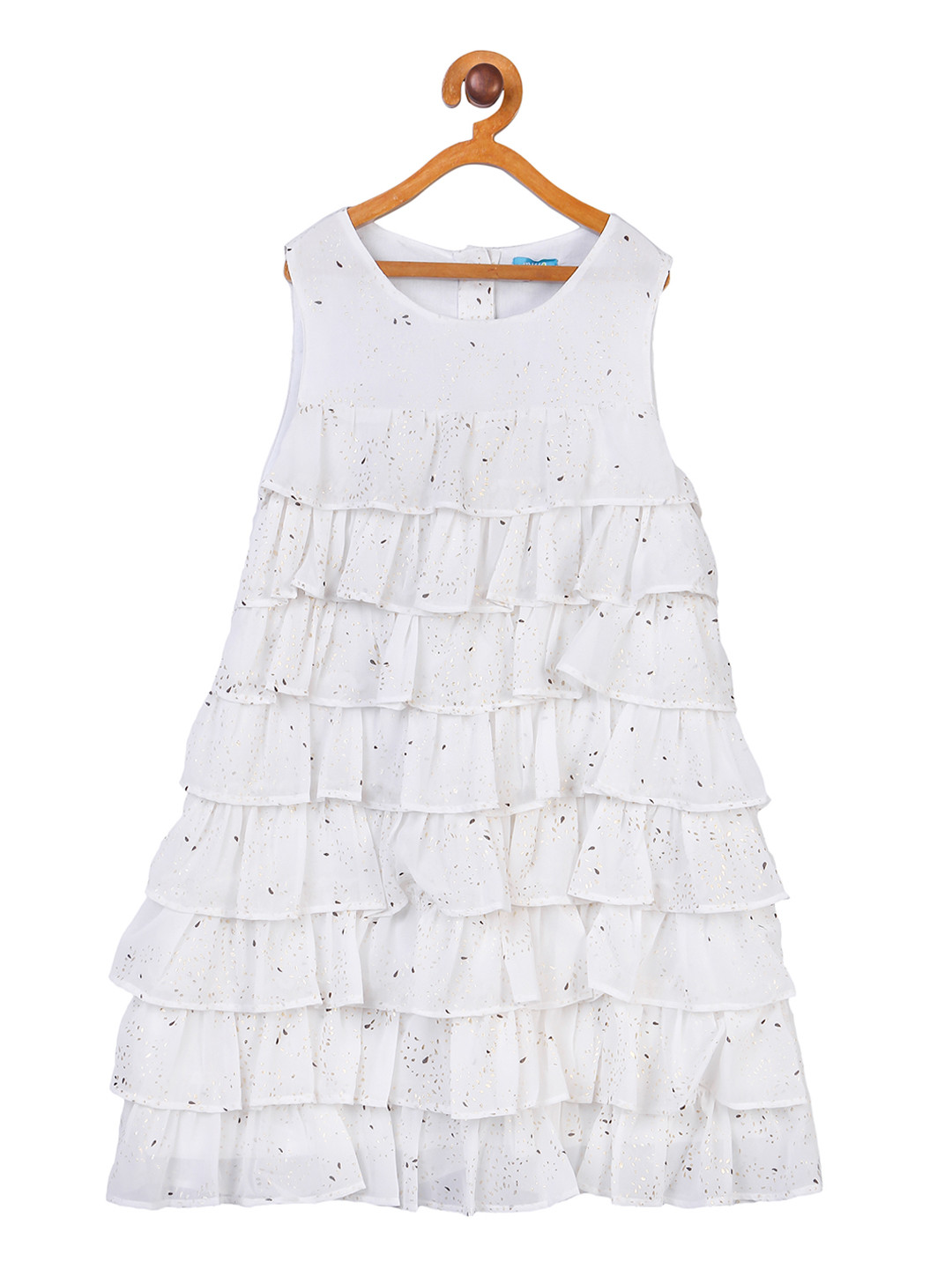 Miyo Girls White & Gold-Coloured Printed Tiered A-Line Dress