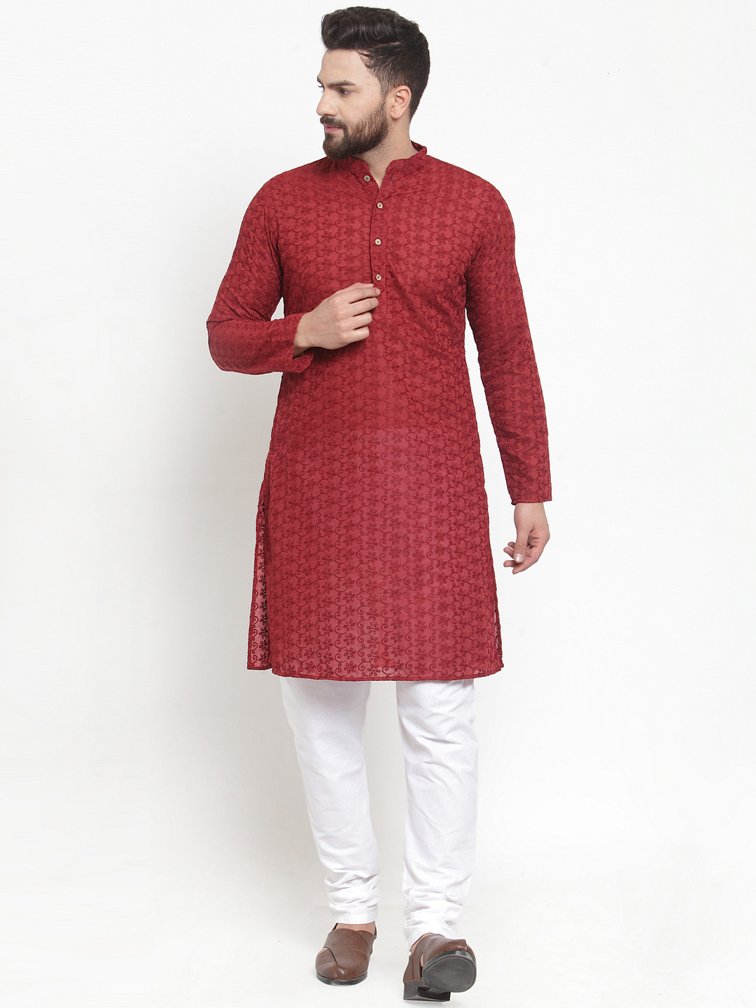 TREEMODA Men Maroon & White Embroidered Chikankari Kurta with Churidar