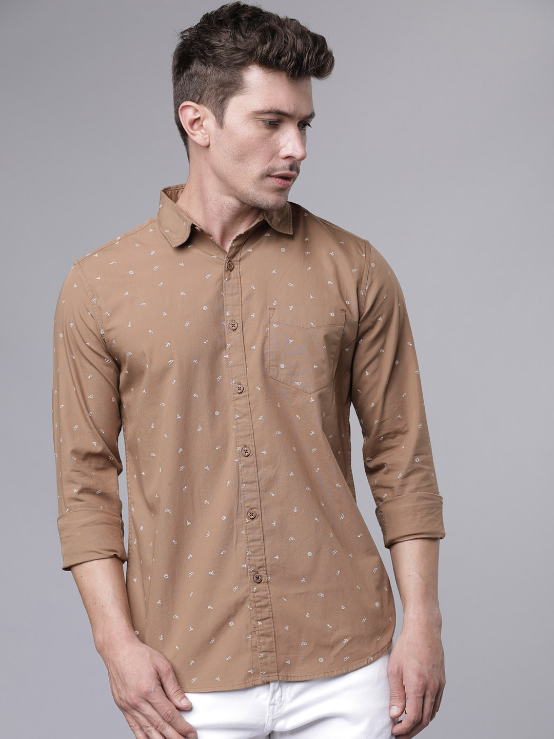 HIGHLANDER Men Brown Manhattan Slim Fit Printed Casual Shirt