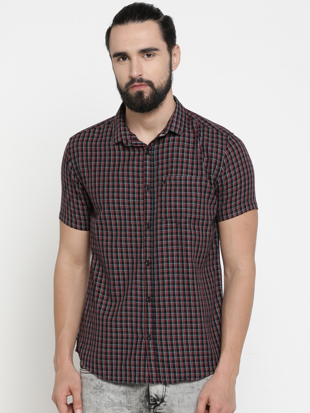 SHOWOFFFF Men Black & Rust Red Slim Fit Checked Casual Shirt
