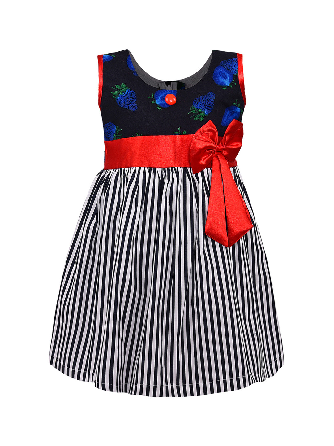 Wish Karo Girls Navy Blue & White Striped Fit and Flare Dress
